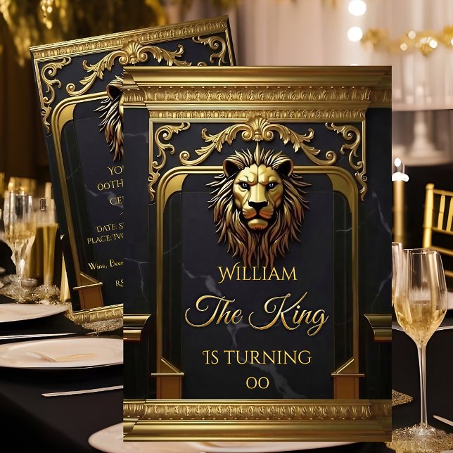 Lion Head King Marble Black Gold Birthday Party Invitation (Creator Uploaded)