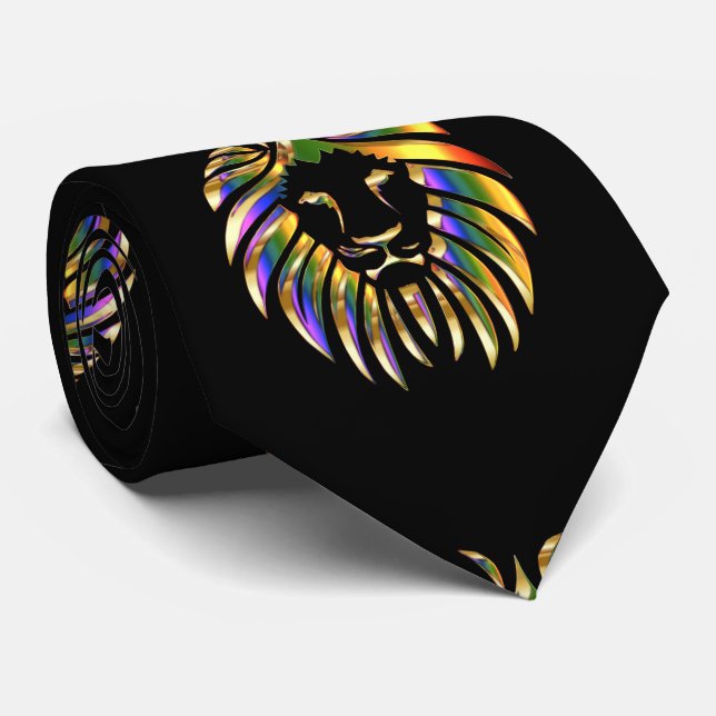 Lion Head Print Gold Green Purple On Black Necktie (Rolled)