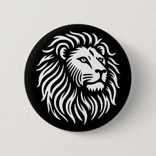 Lion Head - White on Black 6 Cm Round Badge