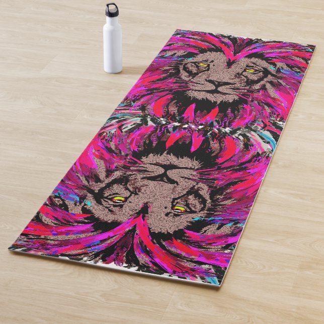 Lion Head Yoga Mat - Blue Pink Lion - Wildlife  (In Situ)