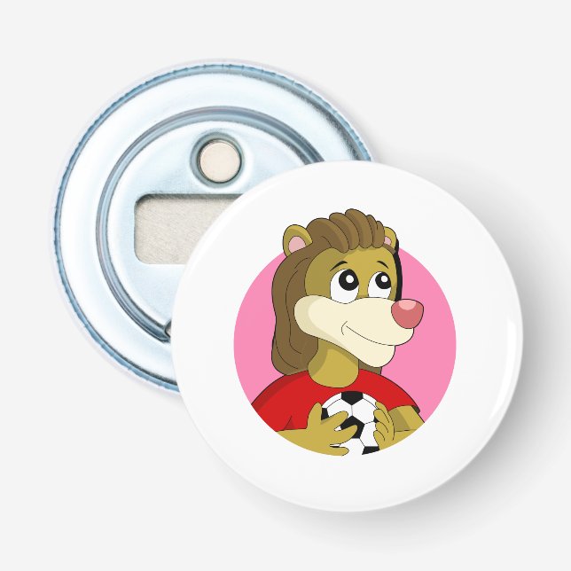 Lion holding a soccer ball cartoon bottle opener (Front)