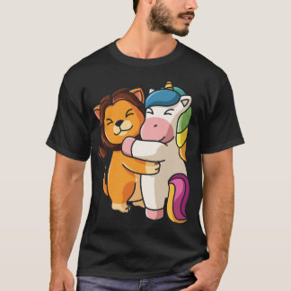 Lion hugging unicorn Hug Cuddle Animals retro T-Shirt