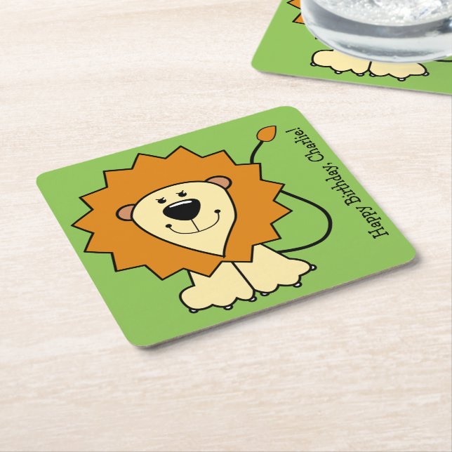 Lion illustration custom text paper coasters (Angled)