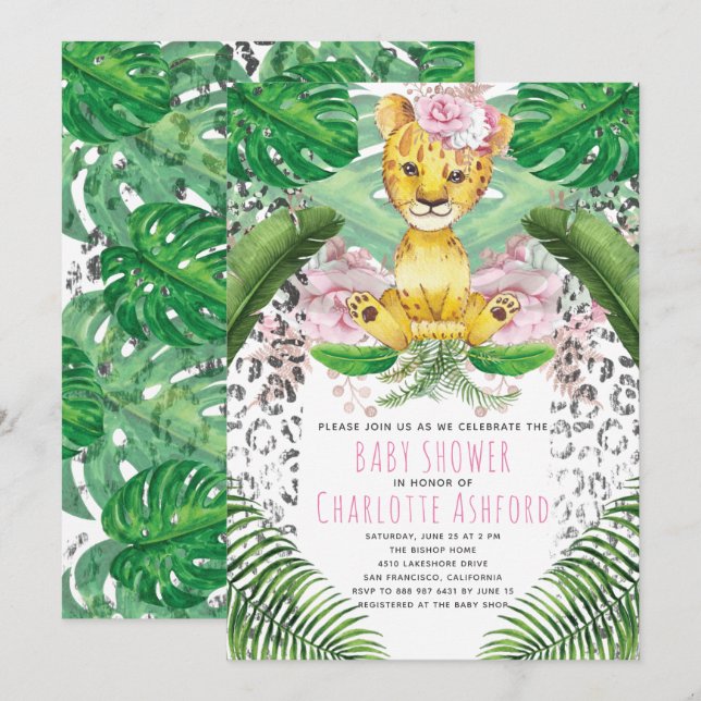 Lion Illustration Girl Safari Baby Shower Invitation (Front/Back)