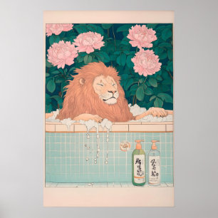 Lion in Bathtub Art Print Japandi Ukiyo-e Bathroom
