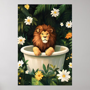 Lion In Bathtub Poster, Funny Animal Poster, Lion Poster