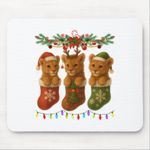 Lion In Christmas Socks Lights Lion Xmas Mouse Pad