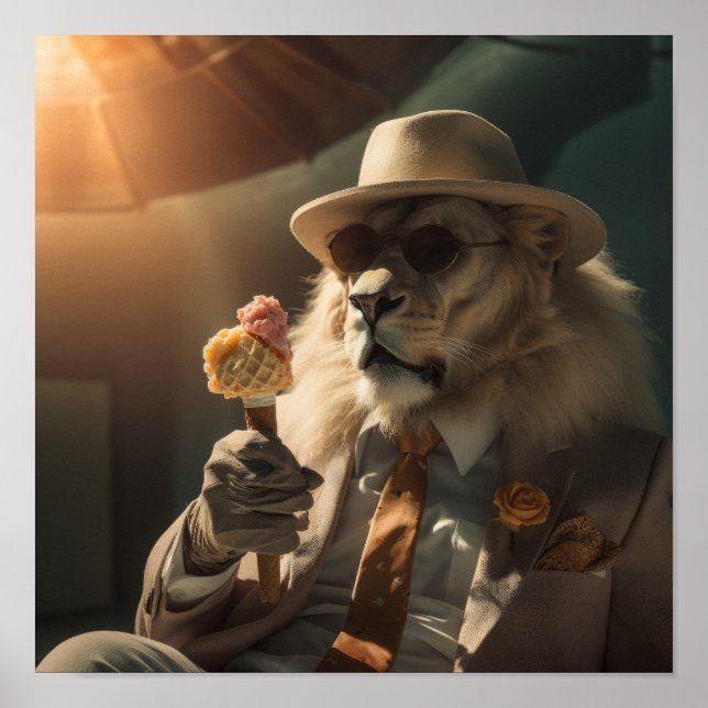 Lion in Sunglasses and Hat Enjoying Ice Cream - Fu Poster (Front)