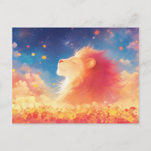Lion in Wildflower Field Under Starry Night Sky Postcard
