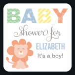 Lion Jungle Animal | Baby Boy Shower Square Sticker<br><div class="desc">Cute baby lion baby shower favour sticker design. Polka dot and stripe pattern accents and custom text. Green,  yellow,  orange,  blue,  grey,  and white colours. Perfect for a baby boy!</div>