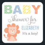 Lion Jungle Animal | Baby Boy Shower Square Sticker<br><div class="desc">Cute baby lion baby shower favour sticker design. Polka dot and stripe pattern accents and custom text. Green,  yellow,  orange,  blue,  grey,  and white colours. Perfect for a baby boy!</div>