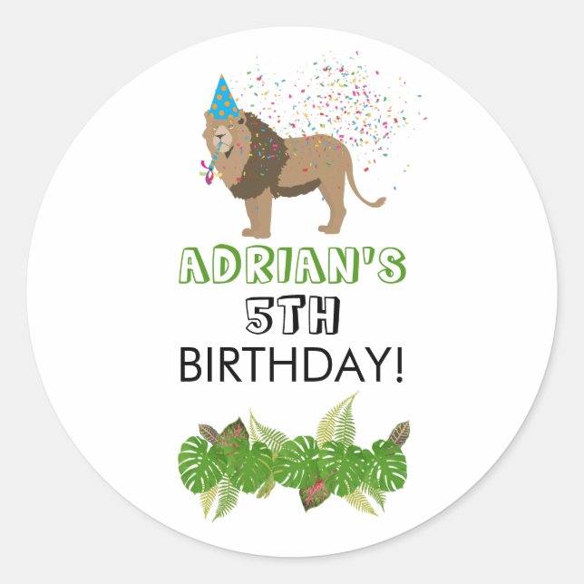 Lion Jungle Partying Animals Birthday Party Custom Classic Round Sticker (Front)
