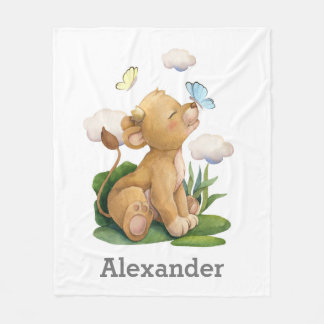 Lion King, Cute baby lion with butterfly Fleece Blanket