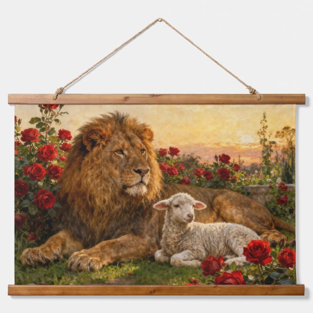 Lion & Lamb in the Roses Hanging Tapestry (Front)