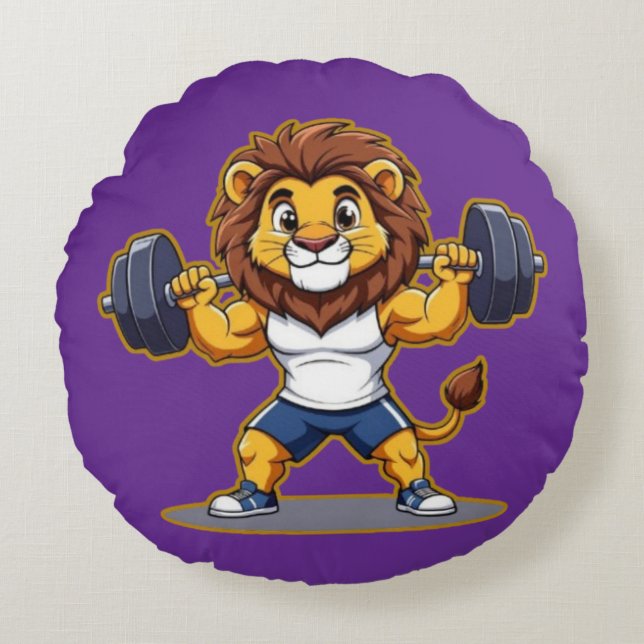 Lion Lifting Light Weights – Cute Gym Animal Illus Round Cushion (Front)