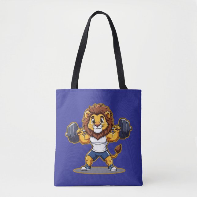 Lion Lifting Light Weights – Cute Gym Animal Illus Tote Bag (Front)