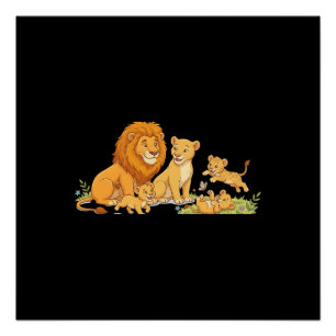 Lion Lioness and Cabs Cartoon Style Poster