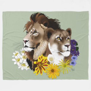 Lion Lioness Floral Green  Fleece Blanket
