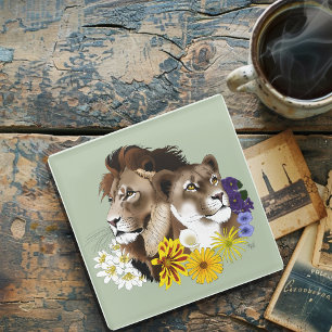 Lion Lioness Floral Green Glass Coaster
