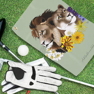 Lion Lioness Floral Green  Golf Towel