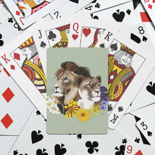 Lion Lioness Floral Green Playing Cards