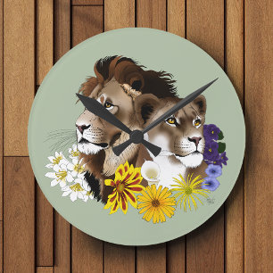 Lion Lioness Floral Green  Round Clock