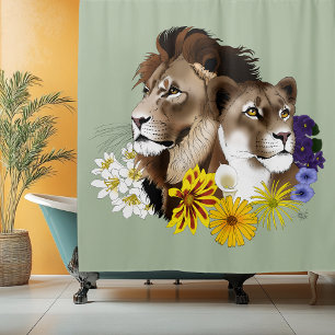 Lion Lioness Floral Green  Shower Curtain