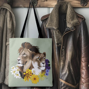 Lion Lioness Floral Green Tote Bag
