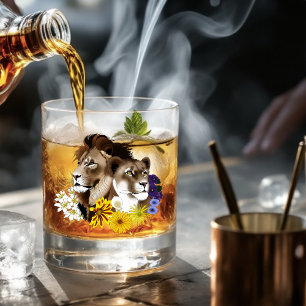 Lion Lioness Floral Green Whiskey Glass