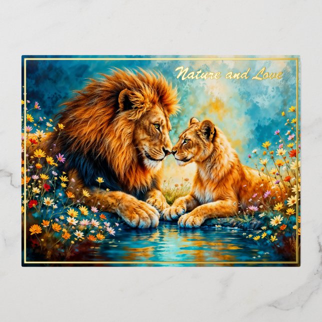 Lion Lioness wild cats nature love wildlife Foil Holiday Postcard (Front)