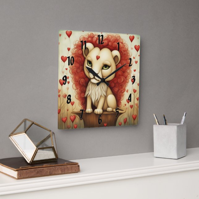 Lion Love 3 Square Wall Clock (Office)
