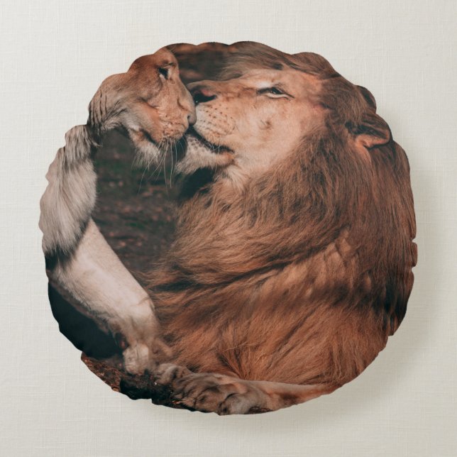 LION LYING ON BROWN ROCK ROUND CUSHION (Front)