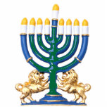 Lion Menorah Keychain Photo Sculpture Key Ring<br><div class="desc">Acrylic photo sculpture keychain with an image of a blue,  green and gold menorah with nine lighted candles and two gold lions at the base. See matching acrylic photo sculpture pin,  magnet,  ornament and sculpture. See the entire Hanukkah Keychain collection under the ACCESSORIES category in the HOLIDAYS section.</div>