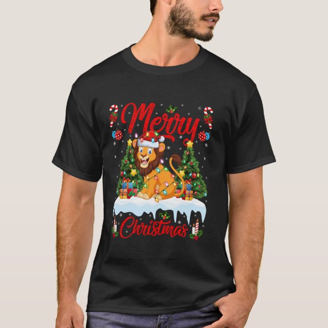 Lion Merry Christmas Tree Lighting Santa Lion Xmas T-Shirt (Front)