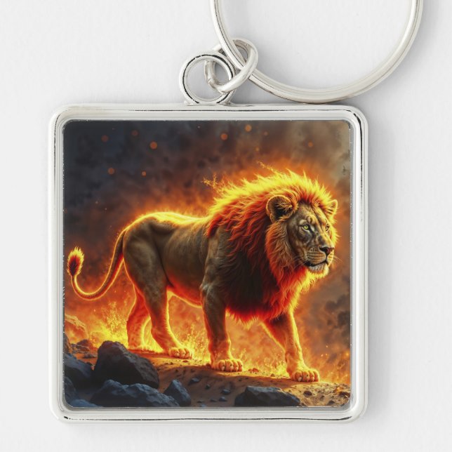Lion of flames burning volcano fire fantasy art key ring (Front)