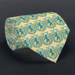 Lion of Judah Emblem Ariel Hebrew Tie<br><div class="desc">Men’s gold tie with an image of blue and yellow Lion of Judah emblems with “Ariel” in Hebrew above them in blue letters. See the entire Hanukkah Tie collection under the ACCESSORIES category in the HOLIDAYS section.</div>