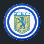 Lion of Judah Emblem Jerusalem Hebrew Magnet<br><div class="desc">Round magnet with an image of a blue and yellow Lion of Judah emblem and wide double blue borders trimmed in light blue on white. See the entire Hanukkah Magnet collection under the HOME category in the HOLIDAYS section.</div>