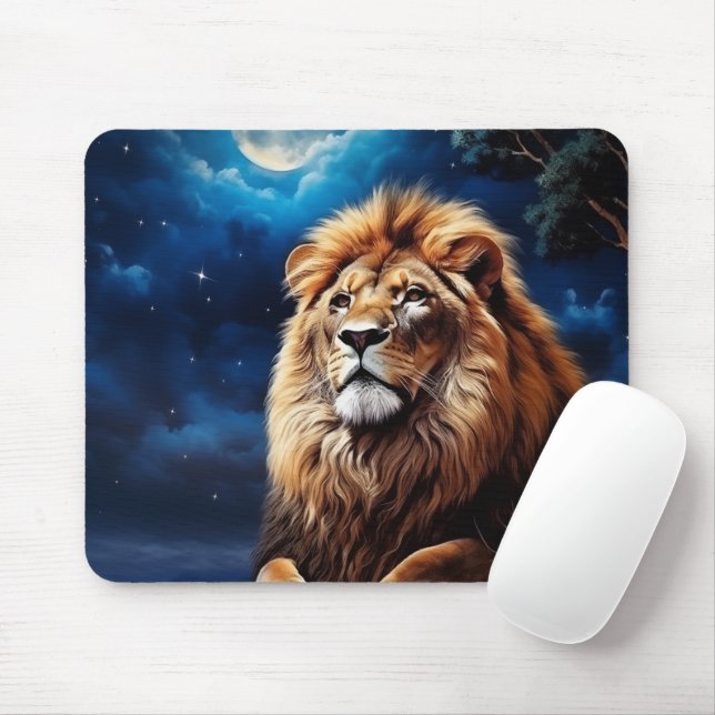 Lion on a moonlight night mouse pad (With Mouse)