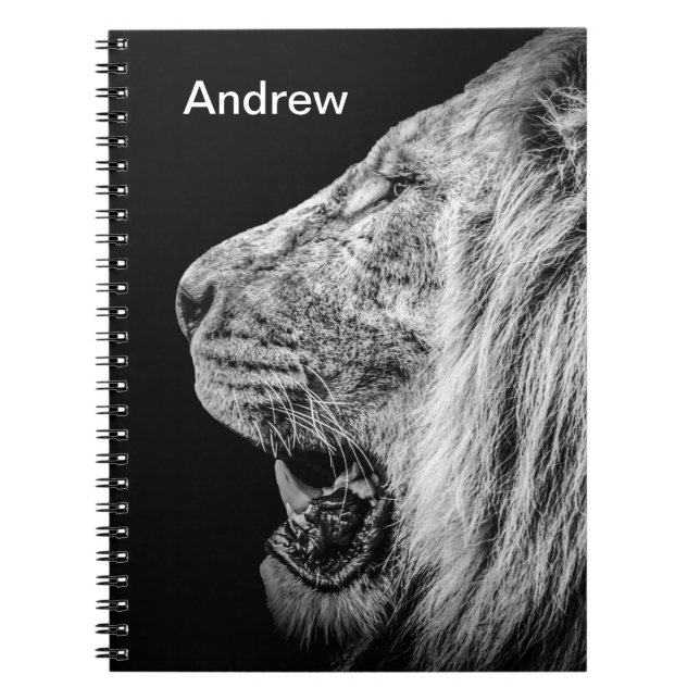 Lion on Black Personalised Name Notebook (Front)