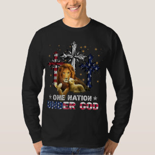 Lion One Nation Under God Cross American Flag 4th  T-Shirt