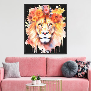 Lion Pastel Flowers Safari Watercolor Savannah Cat Canvas Print