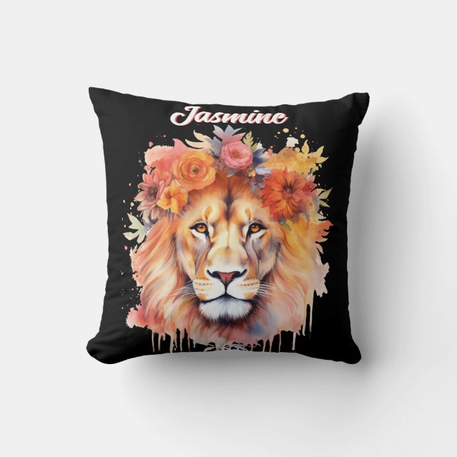 Lion Pastel Flowers Safari Watercolor Savannah Cat Cushion (Front)