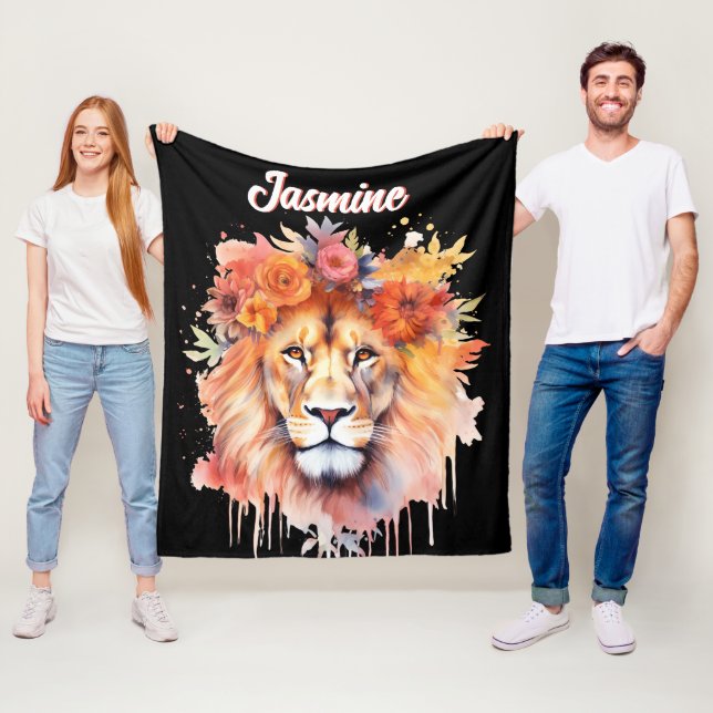 Lion Pastel Flowers Safari Watercolor Savannah Cat Fleece Blanket (In Situ)