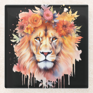 Lion Pastel Flowers Safari Watercolor Savannah Cat Glass Coaster