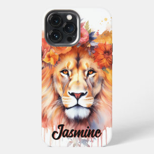 Lion Pastel Flowers Safari Watercolor Savannah Cat iPhone 13 Pro Max Case
