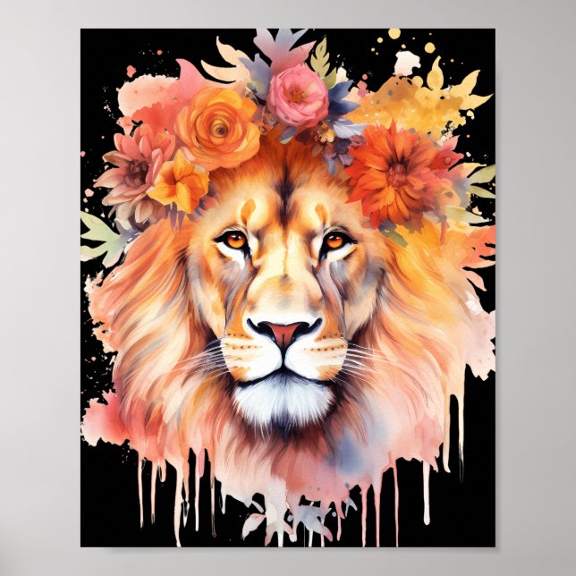 Lion Pastel Flowers Safari Watercolor Savannah Cat Poster (Front)