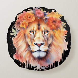 Lion Pastel Flowers Safari Watercolor Savannah Cat Round Cushion