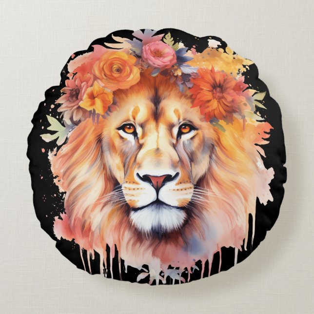 Lion Pastel Flowers Safari Watercolor Savannah Cat Round Cushion (Front)