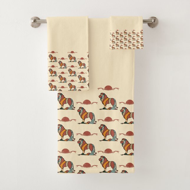 Lion Pattern Bath Towel Set | Wildlife Decor (Insitu)