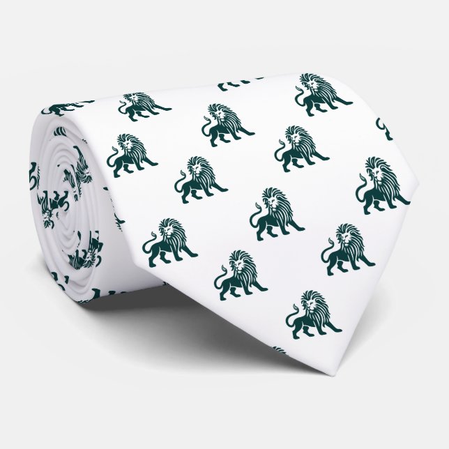 Lion Pattern - Dark Green on White Tie (Rolled)
